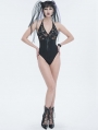 Black Gothic Punk Skull Mesh Halter One-Piece Swimsuit