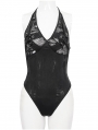 Black Gothic Punk Skull Mesh Halter One-Piece Swimsuit