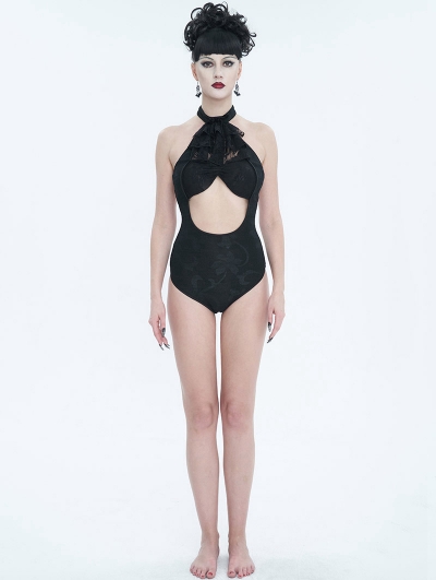 Black Gothic Vintage Jabot Cutout One-Piece Swimsuit