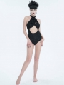 Black Gothic Vintage Jabot Cutout One-Piece Swimsuit