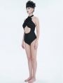 Black Gothic Vintage Jabot Cutout One-Piece Swimsuit