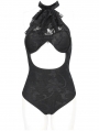 Black Gothic Vintage Jabot Cutout One-Piece Swimsuit