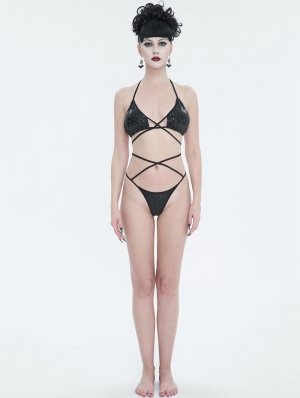 Black Gothic Pattern Halter Cross Straps Two-Piece Bikini Set