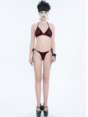 Red Gothic Pentagram Velvet Halter Two-Piece Bikini Set