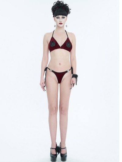 Red Gothic Pentagram Velvet Halter Two-Piece Bikini Set