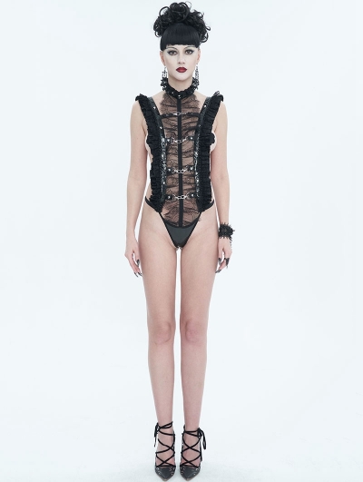 Black Gothic Punk Ruffle Lace Sexy Lingerie Bodysuit