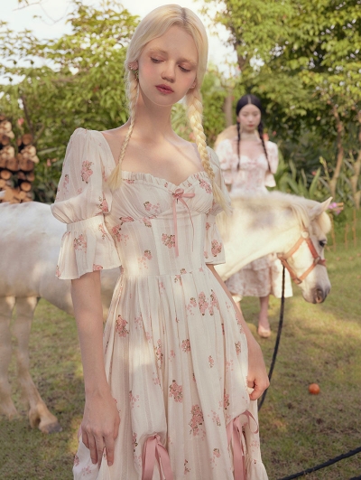 Pink Floral Vintage Printed Puff Sleeve Long Corset Dress