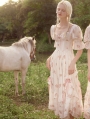 Pink Floral Vintage Printed Puff Sleeve Long Corset Dress