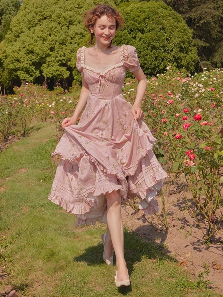 Rosa Rubus Pink Floral Pattern Short Sleeve Vintage Corset Dress 
