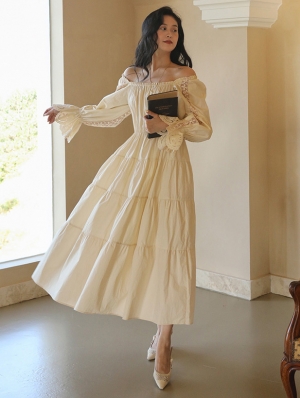 Ivory Off-the-Shoulder A-Line Vintage Medieval Inspired Dress