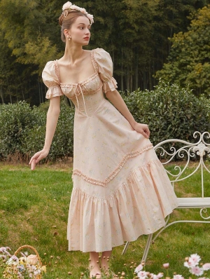 Painting Pink Short Sleeve Floral Corset Medieval Inspired Dress