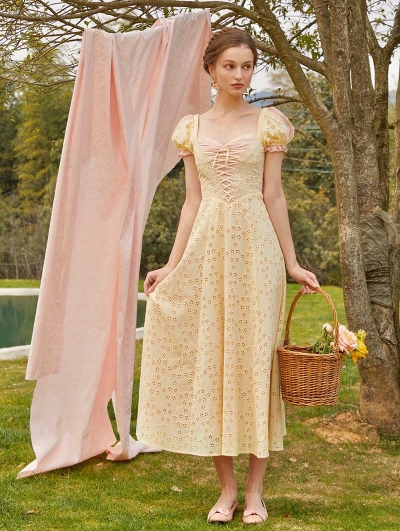Yellow Floral Hollow Out Embroidery Puff Sleeve Princess Dress