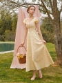 Yellow Floral Hollow Out Embroidery Puff Sleeve Princess Dress