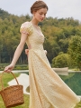 Yellow Floral Hollow Out Embroidery Puff Sleeve Princess Dress