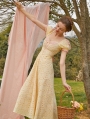 Yellow Floral Hollow Out Embroidery Puff Sleeve Princess Dress