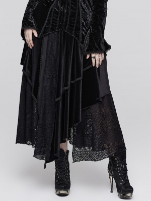 Black Sexy Gothic Velvet Lace Layered Asymmetric Pleated Plus Size Skirt