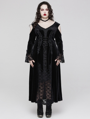 Black Gothic Cold Shoulder Velvet Long Floral Lace Plus Size Dress