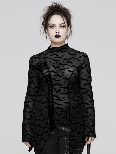 Black Gothic Bat Mesh Long Sleeve Basic Plus Size T-Shirt for Women