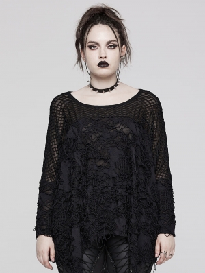 Black Gothic Punk Ragged Mesh Long Sleeve Plus Size T-Shirt for Women
