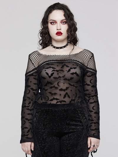 Black Gothic Bat Mesh Long Sleeve Daily Plus Size T-shirt for Women