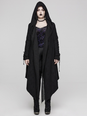 Black Gothic Decadent Layered Hooded Long Plus Size Trench Coat for Women