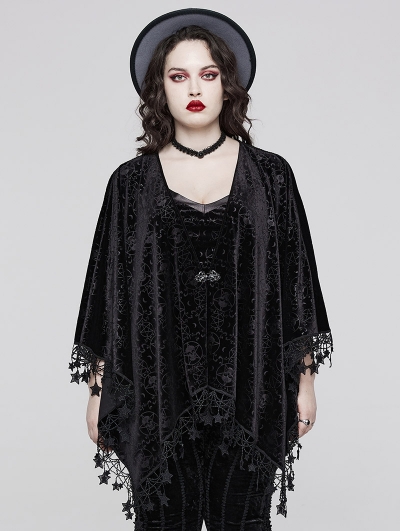 Black Gothic Embossed Velvet Tassel Plus Size Shawl for Women