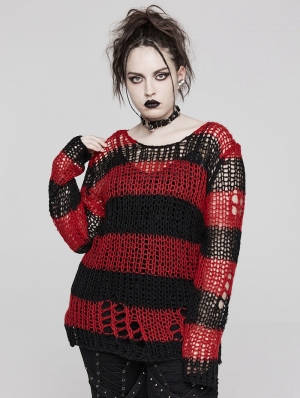 Black and Red Stripe Gothic Decayed Pullover Plus Size Sweater for Women