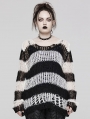 Black and White Stripe Gothic Decayed Pullover Plus Size Sweater for Women