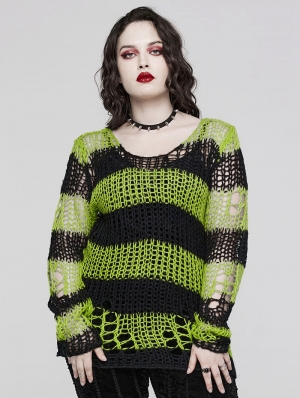 Black and Green Stripe Gothic Decayed Pullover Sweater for Women