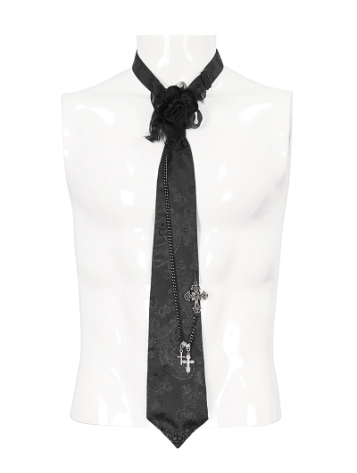 Black Gothic Vintage Rose Cross Necktie for Men