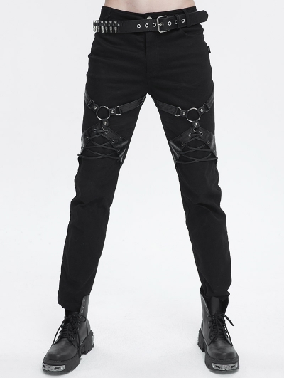 Black Gothic Punk Rock Leg Harness Fitted Pants for Men