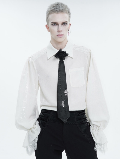 White Gothic Vintage Long Sleeve Fitted Tuxedo Shirt for Men