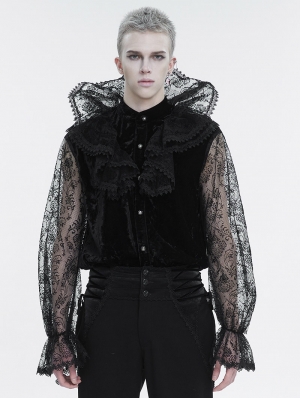 Black Retro Gothic Gorgeous Lace See-Through Long Sleeve Shirt for Men