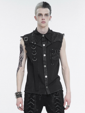 Beige Gothic Punk Button Front Sleeveless Shirt for Men