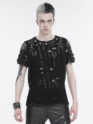 Black Gothic Punk Mesh T-shirt with Detachable Straps for Men