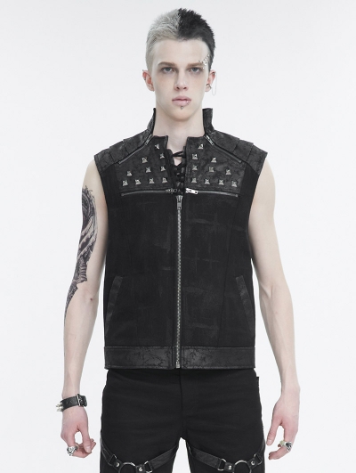 Black Gothic Punk Rock Studded Zip Up Waistcoat for Men