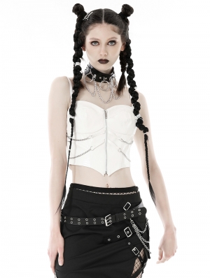 White Gothic Grunge Rib-Chain Overbust Short Corset Top for Women