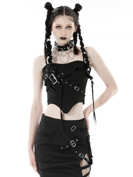 Black Gothic Punk Metal Buckle Strap Crop Corset Top for Women 