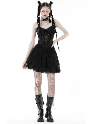 Black Gothic Spider Web Mesh Sexy See-Through Strap Short Dress