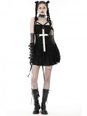 Black Gothic Distressed Super White Cross Strap Short Dress