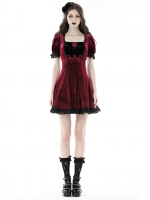 Wine Red Velvet Gothic Rose Bowknot Romantic Short Dress