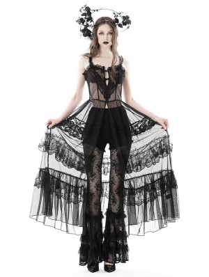 Black Gothic Sexy Transparent Hearted Layer Lace Mesh Maxi Dress