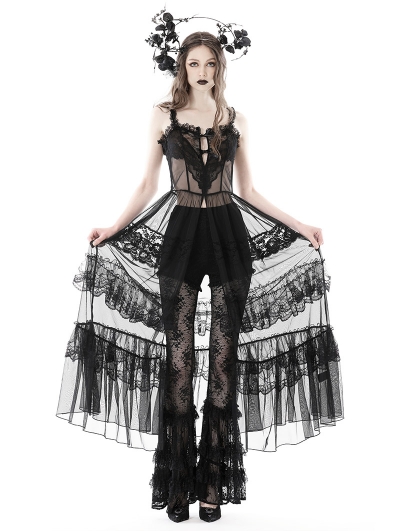 Black Gothic Sexy Transparent Hearted Layer Lace Mesh Maxi Dress