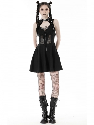 Black Gothic Rebel Girl Sexy Hollow Out Mesh Sleeveless Short Dress