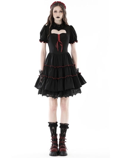 Black Heart Hollow Out Red Lace Up Cute Gothic Short Dress