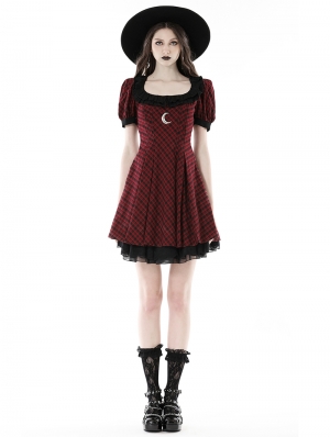 Red Plaid Devil Magic Moon Gothic Short Dress