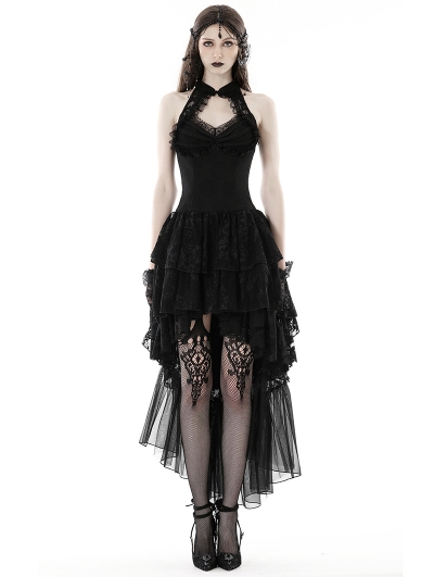 Black Sexy Gothic Halter High-Low Lace Dress - Devilnight.co.uk