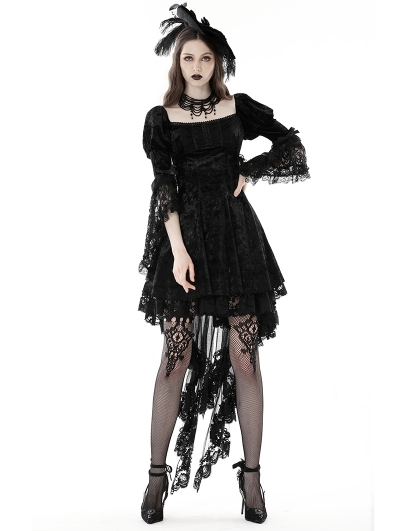 Black Gothic Princess Bell Lace Sleeves Velvet Short Dress
