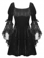 Black Gothic Princess Bell Lace Sleeves Velvet Short Dress