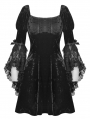 Black Gothic Princess Bell Lace Sleeves Velvet Short Dress